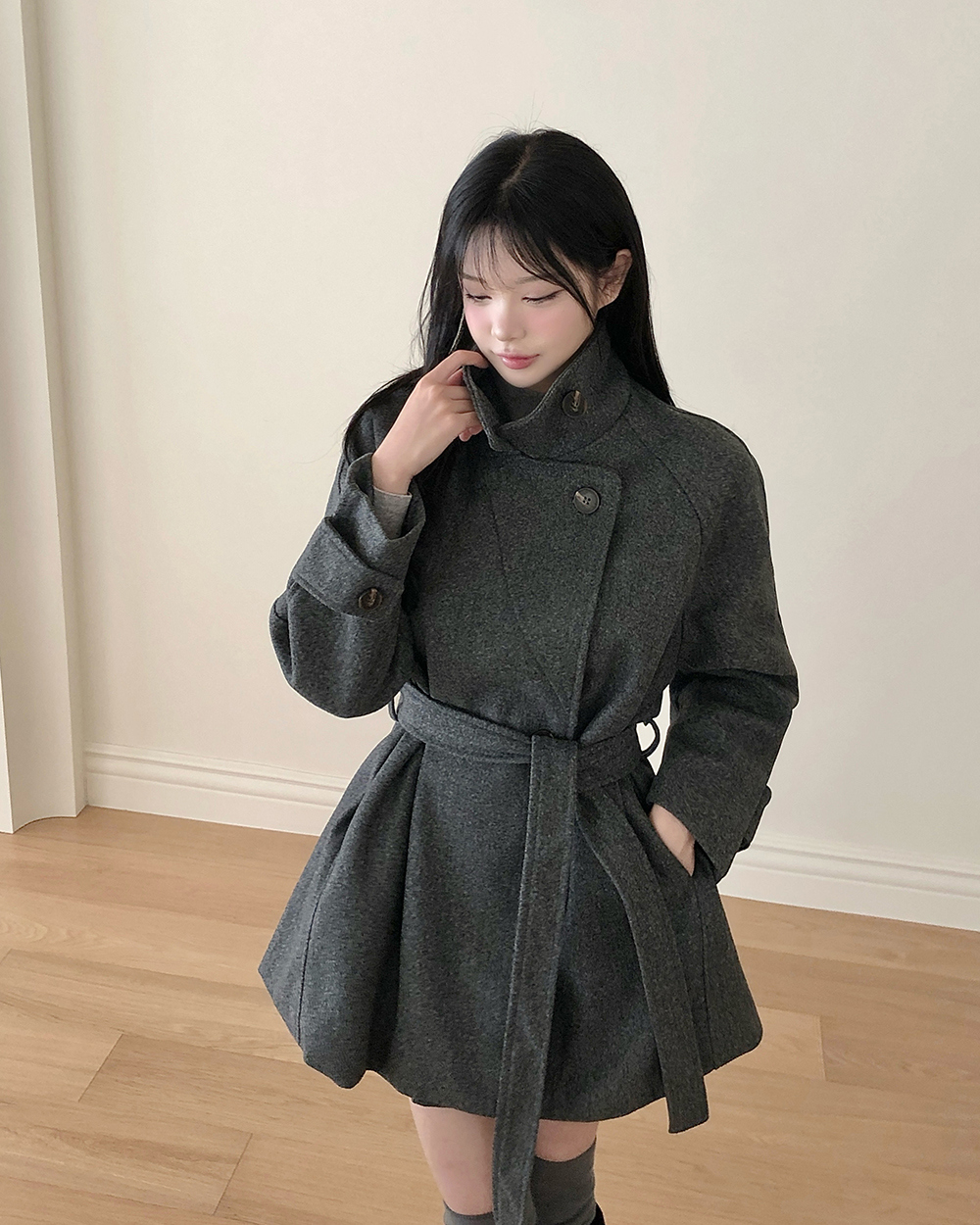 BY35569# 韩国chic冬季系带呢子大衣外套 服裝批發女裝批發服飾貨源