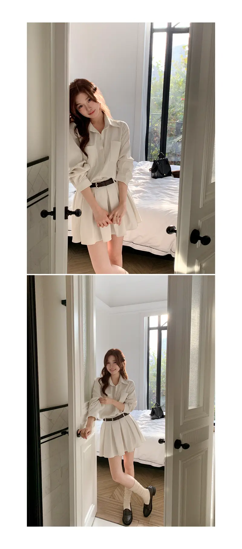 한국풍 복고 스타일 백플리츠 원피스(허리끈 포함) 상세 이미지 1