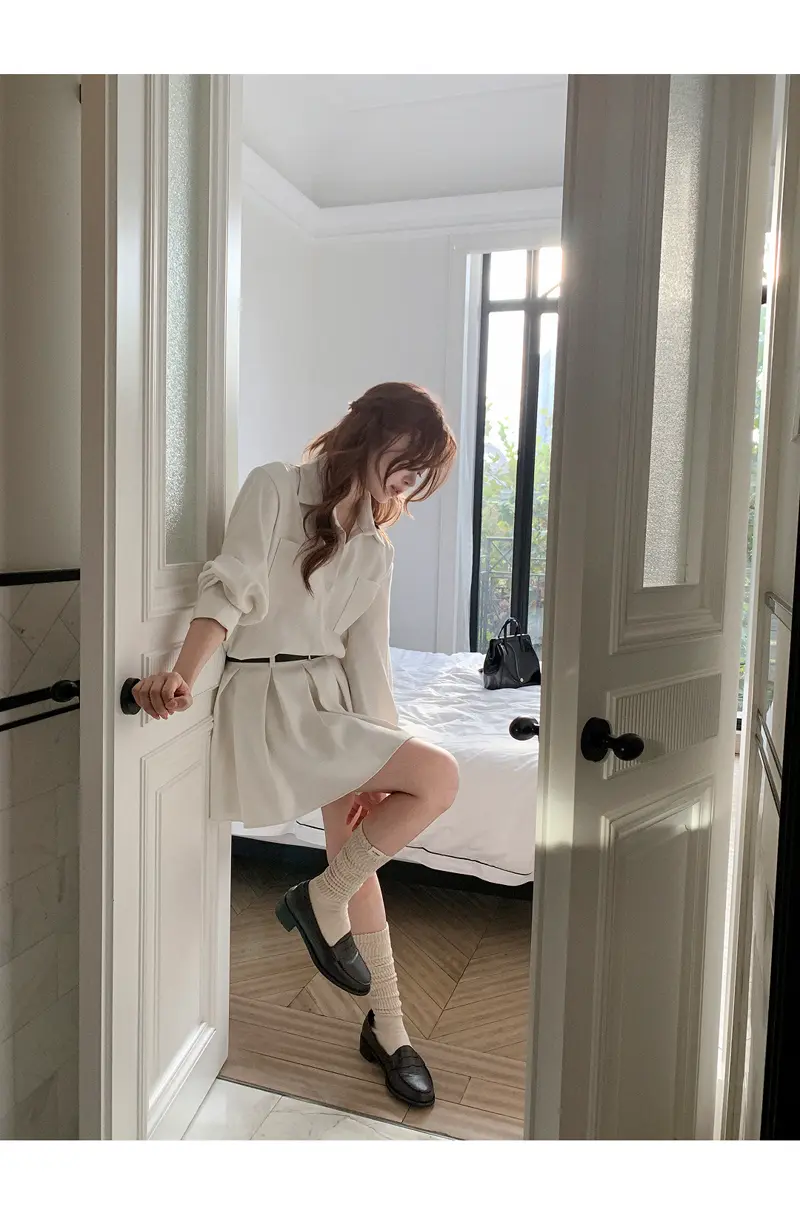 한국풍 복고 스타일 백플리츠 원피스(허리끈 포함) 상세 이미지 3