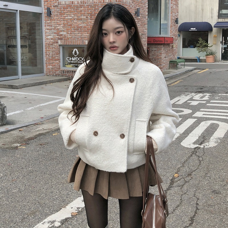 BY35559# 韩国chic冬季双排扣短款毛呢夹棉里保暖夹克外套 服裝批發女裝批發服飾貨源