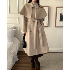 批发<b class='q'>韩国</b>chic 冬季法式气质可拆卸披肩双排扣系带呢子大衣外套