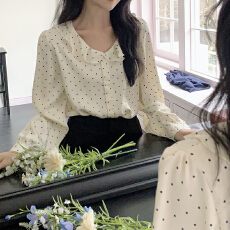 批发韩国chic 小众波点木耳边圆领缎面<b class='q'>衬衣</b>上衣