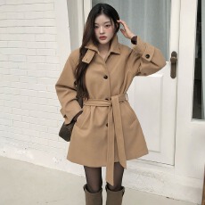 批发<b class='q'>韩国</b>chic 冬季通勤单排扣系带呢子大衣外套