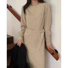 批发<b class='q'>韩国</b>chic 法式圆领系带收腰长款<b class='q'>连衣裙</b>