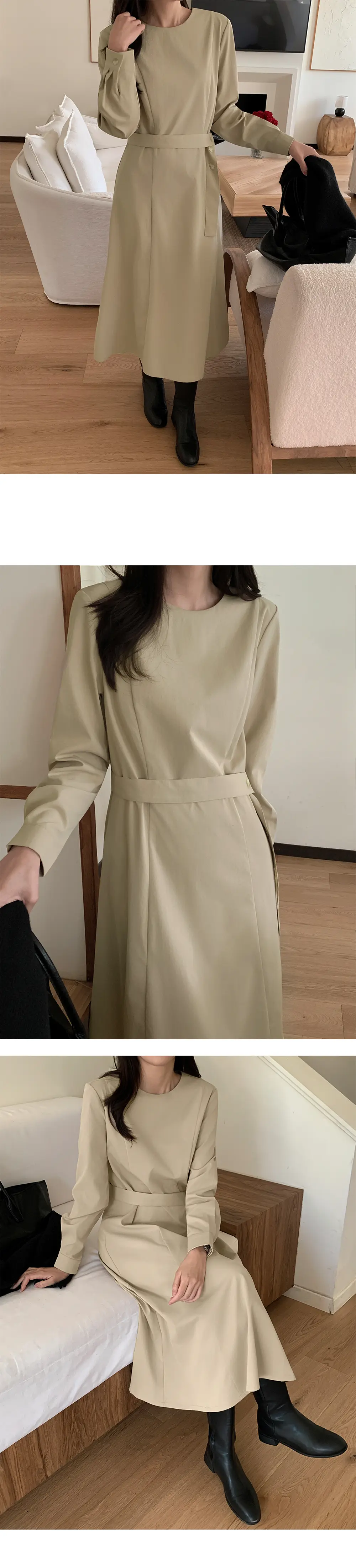 프렌치 스타일 라운드넥 리본 허리 조임 롱 원피스 상세 이미지 2