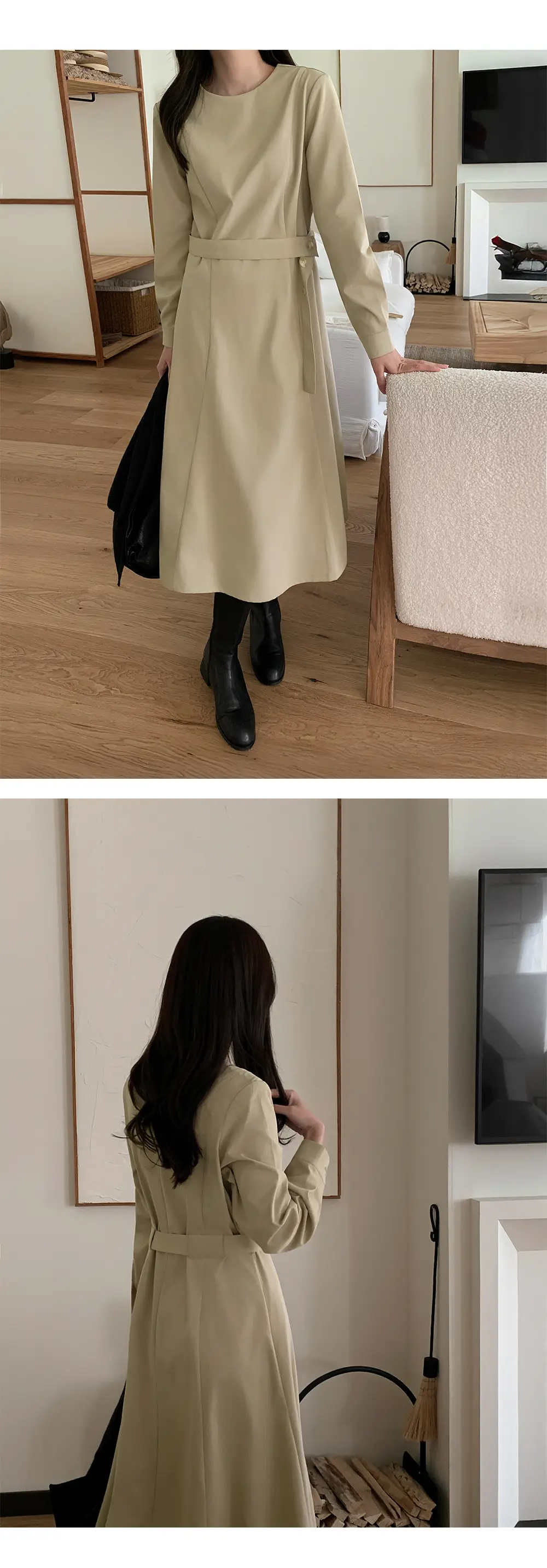 프렌치 스타일 라운드넥 리본 허리 조임 롱 원피스 상세 이미지 3