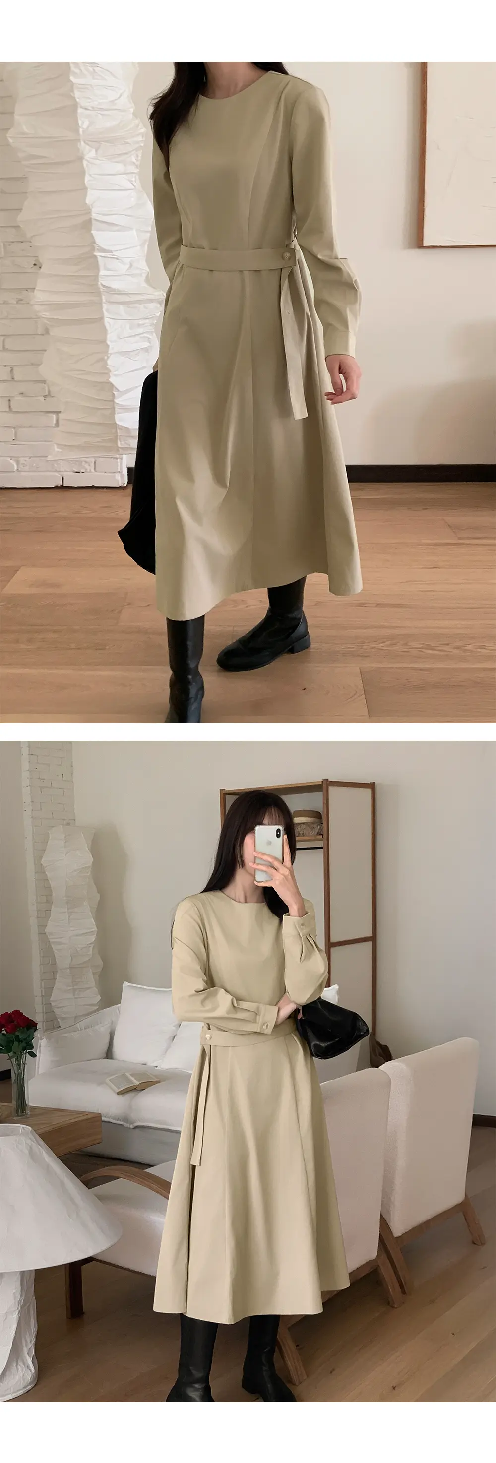 프렌치 스타일 라운드넥 리본 허리 조임 롱 원피스 상세 이미지 4