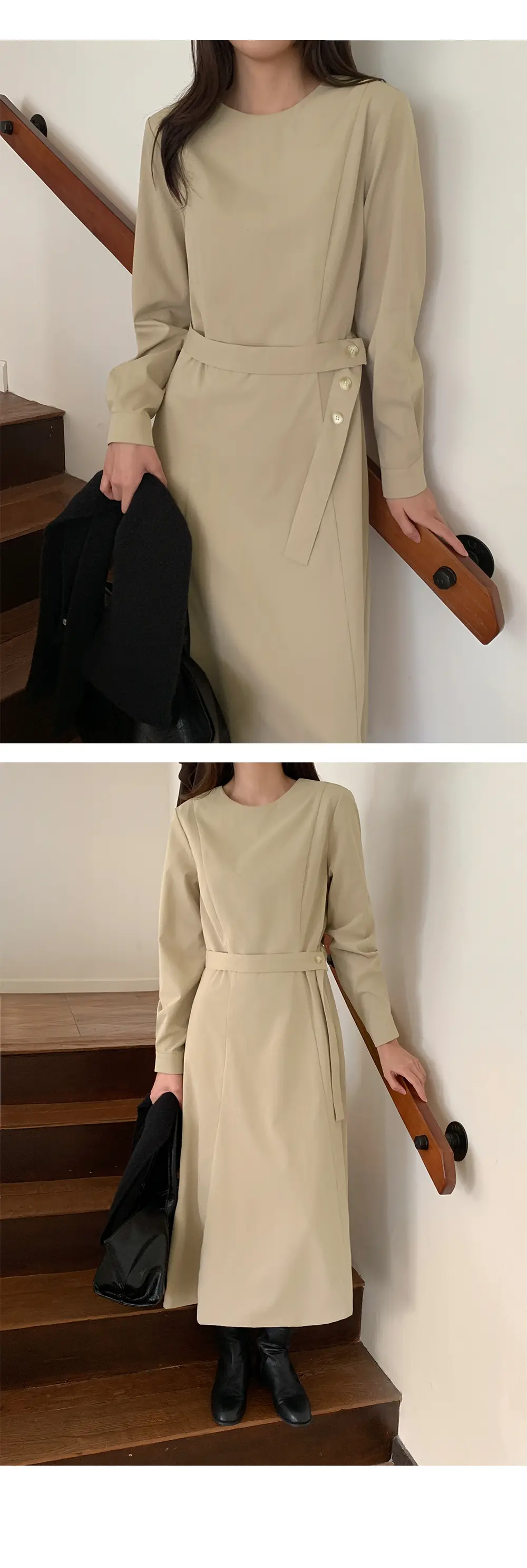 프렌치 스타일 라운드넥 리본 허리 조임 롱 원피스 상세 이미지 5