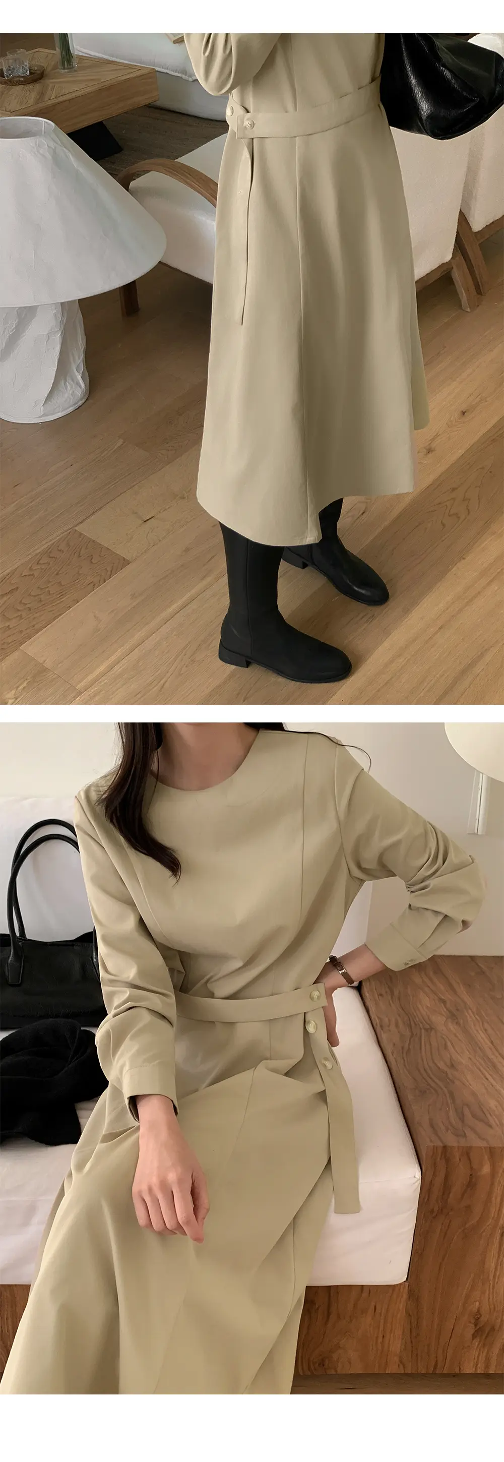 프렌치 스타일 라운드넥 리본 허리 조임 롱 원피스 상세 이미지 6