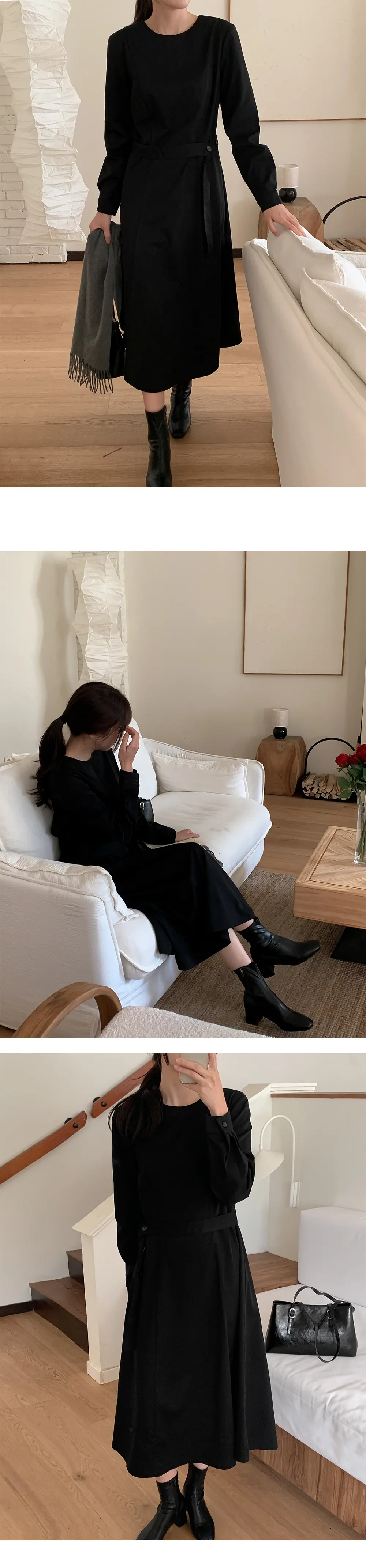 프렌치 스타일 라운드넥 리본 허리 조임 롱 원피스 상세 이미지 7