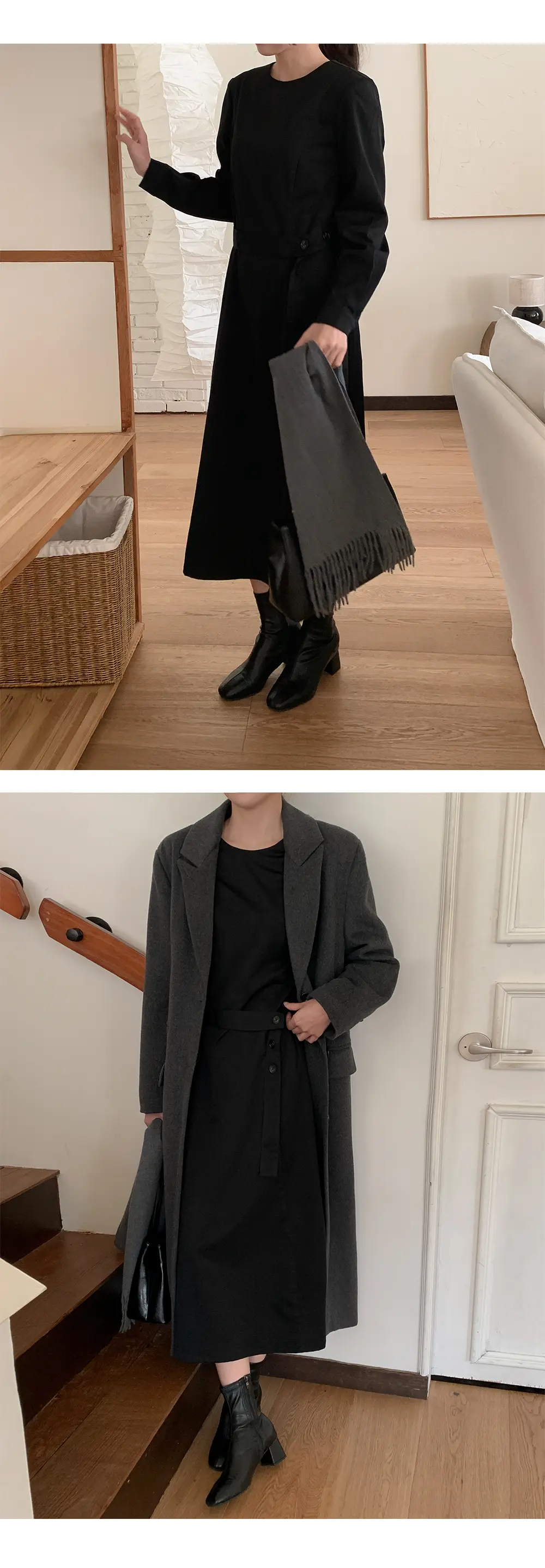 프렌치 스타일 라운드넥 리본 허리 조임 롱 원피스 상세 이미지 9