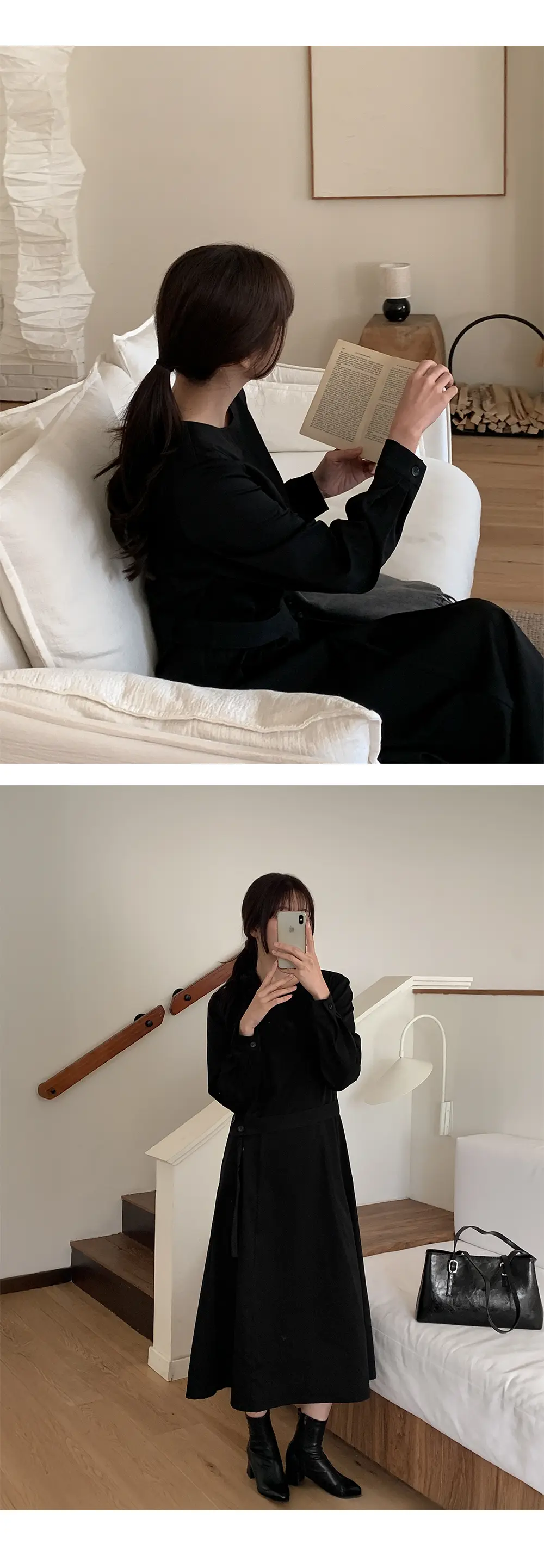프렌치 스타일 라운드넥 리본 허리 조임 롱 원피스 상세 이미지 10