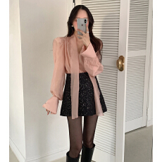 批发韩国chic 早春气质V领微透性感飘带百搭<b class='q'>上衣</b>