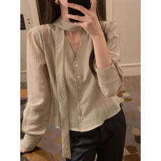 批发<b class='q'>韩国</b>chic 早春气质V领飘带衬衣上衣女
