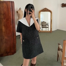 批发尺寸已更新 韩国chic 法式粗纺小香风海军领翻领连衣裙