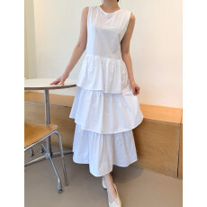 韩国chic 法式圆领气质无袖蛋糕连衣裙