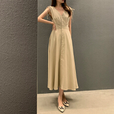 批发尺寸已更新 韩国chic 法式气质V领抽绳单排扣无袖<b class='q'>连衣裙</b>