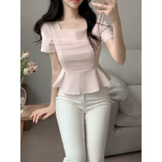 批发韩国chic 法式网纱拼接方领泡泡袖上衣