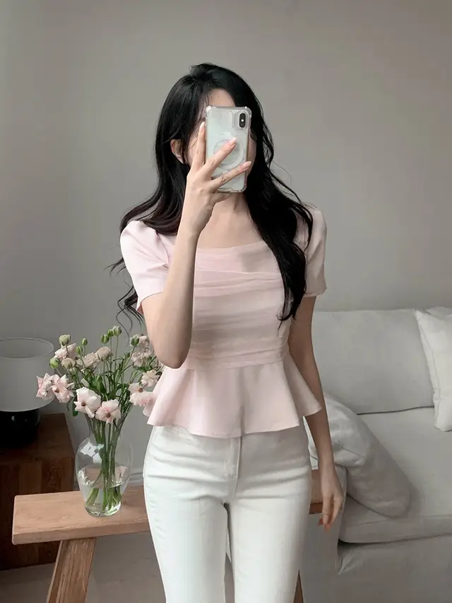프렌치 스타일 네트 쉬폰 방령 퍼프소매 블라우스 상세 이미지 1