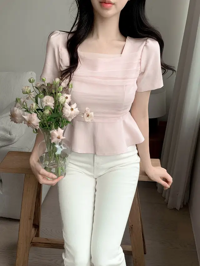 프렌치 스타일 네트 쉬폰 방령 퍼프소매 블라우스 상세 이미지 2