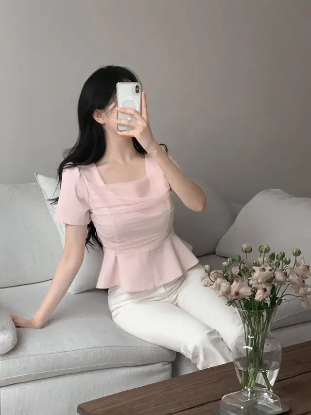 프렌치 스타일 네트 쉬폰 방령 퍼프소매 블라우스 상세 이미지 3
