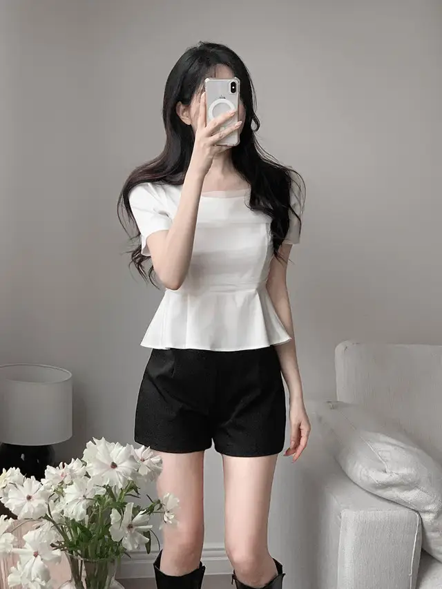 프렌치 스타일 네트 쉬폰 방령 퍼프소매 블라우스 상세 이미지 7