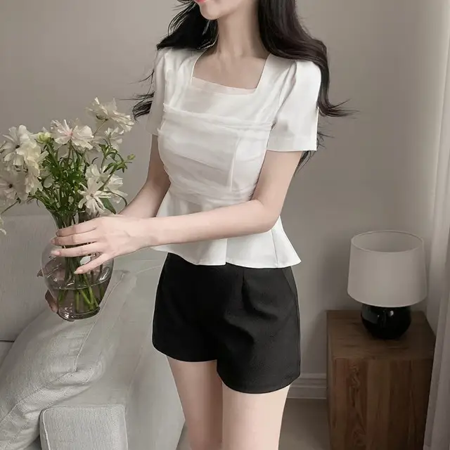 프렌치 스타일 네트 쉬폰 방령 퍼프소매 블라우스 상세 이미지 8