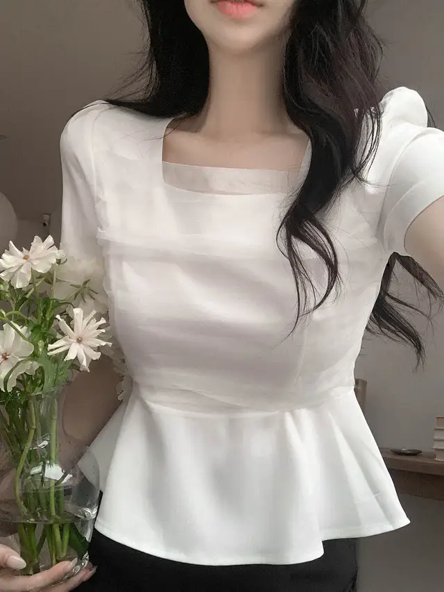 프렌치 스타일 네트 쉬폰 방령 퍼프소매 블라우스 상세 이미지 9