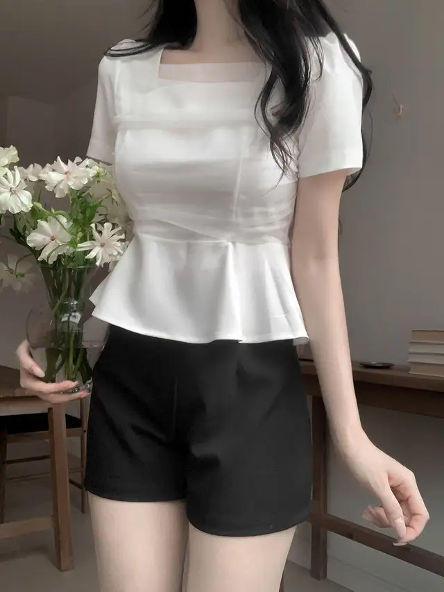 프렌치 스타일 네트 쉬폰 방령 퍼프소매 블라우스 상세 이미지 10
