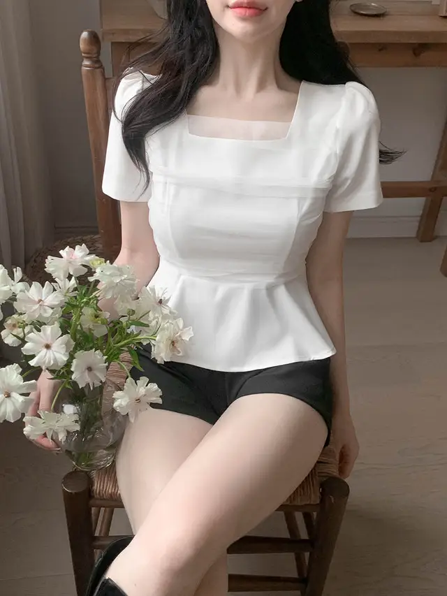 프렌치 스타일 네트 쉬폰 방령 퍼프소매 블라우스 상세 이미지 11