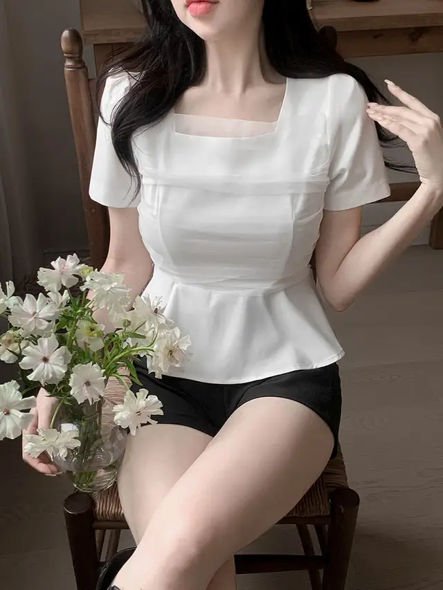 프렌치 스타일 네트 쉬폰 방령 퍼프소매 블라우스 상세 이미지 12