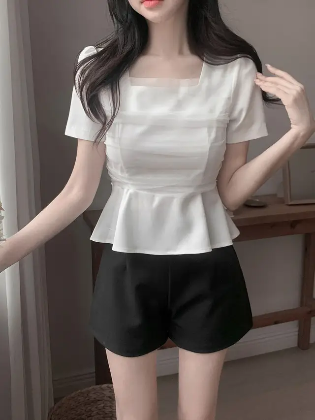 프렌치 스타일 네트 쉬폰 방령 퍼프소매 블라우스 상세 이미지 14