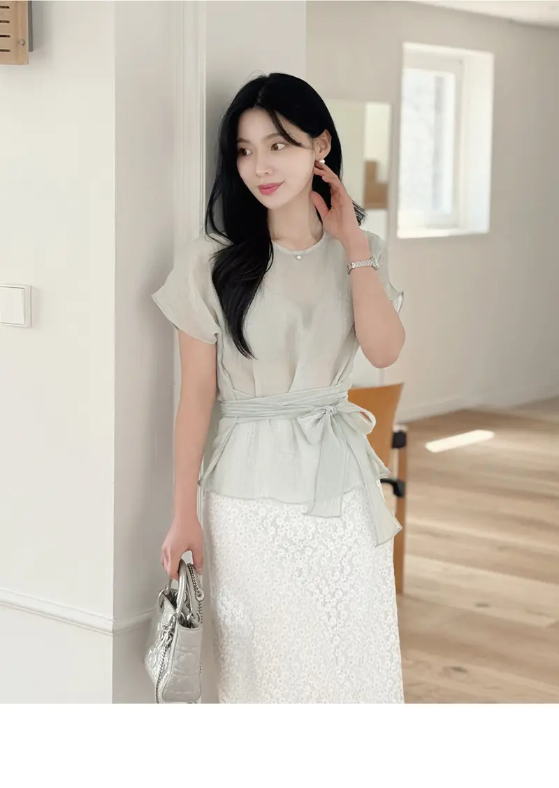 여성 라운드넥 리본 셔츠 블라우스 상세 이미지 7