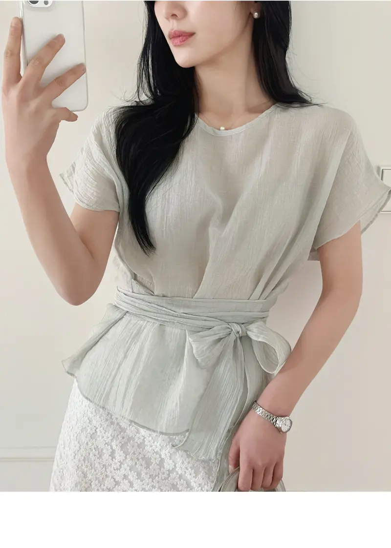 여성 라운드넥 리본 셔츠 블라우스 상세 이미지 11