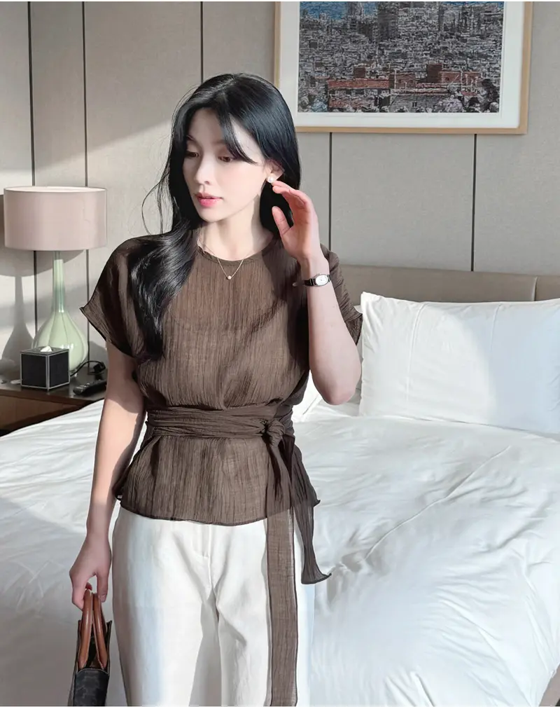 여성 라운드넥 리본 셔츠 블라우스 상세 이미지 22