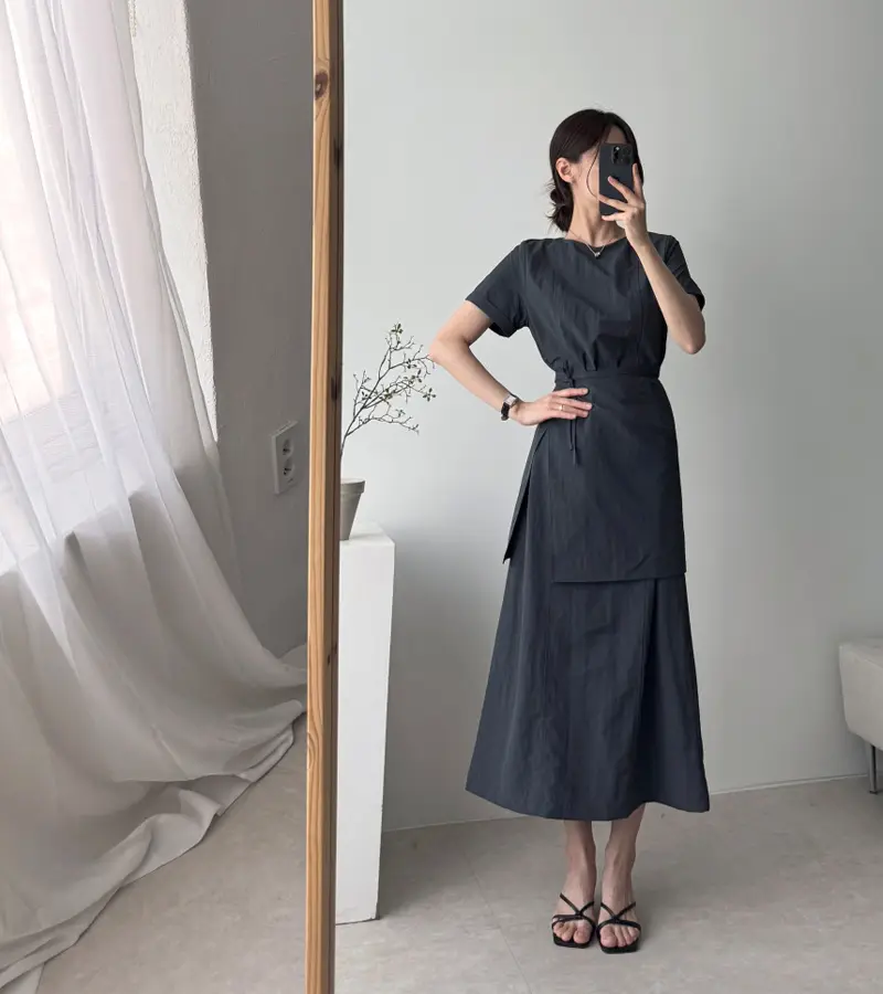 측면 리본 디테일 허리 강조 펜슬 원피스 상세 이미지 11