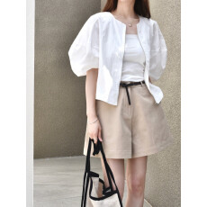 批发尺寸已更新 <b class='q'>韩国</b>chic 通勤风短款外套女 夏季薄款圆领灯笼袖上衣