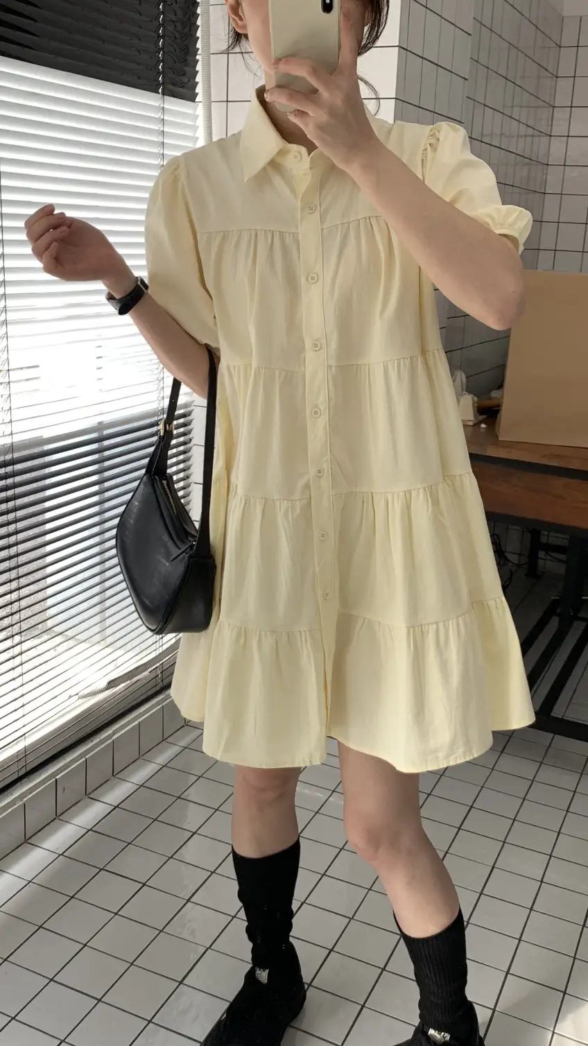 퍼프소매 폴로넥 단추 원피스 상세 이미지 1