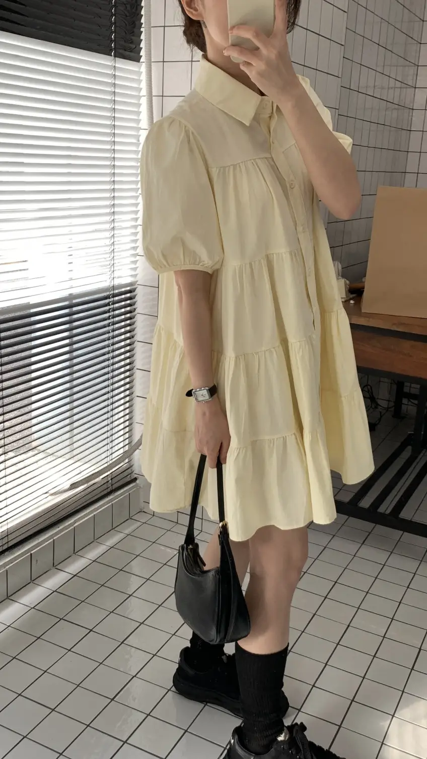 퍼프소매 폴로넥 단추 원피스 상세 이미지 2