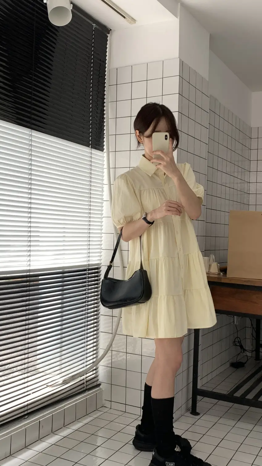 퍼프소매 폴로넥 단추 원피스 상세 이미지 5