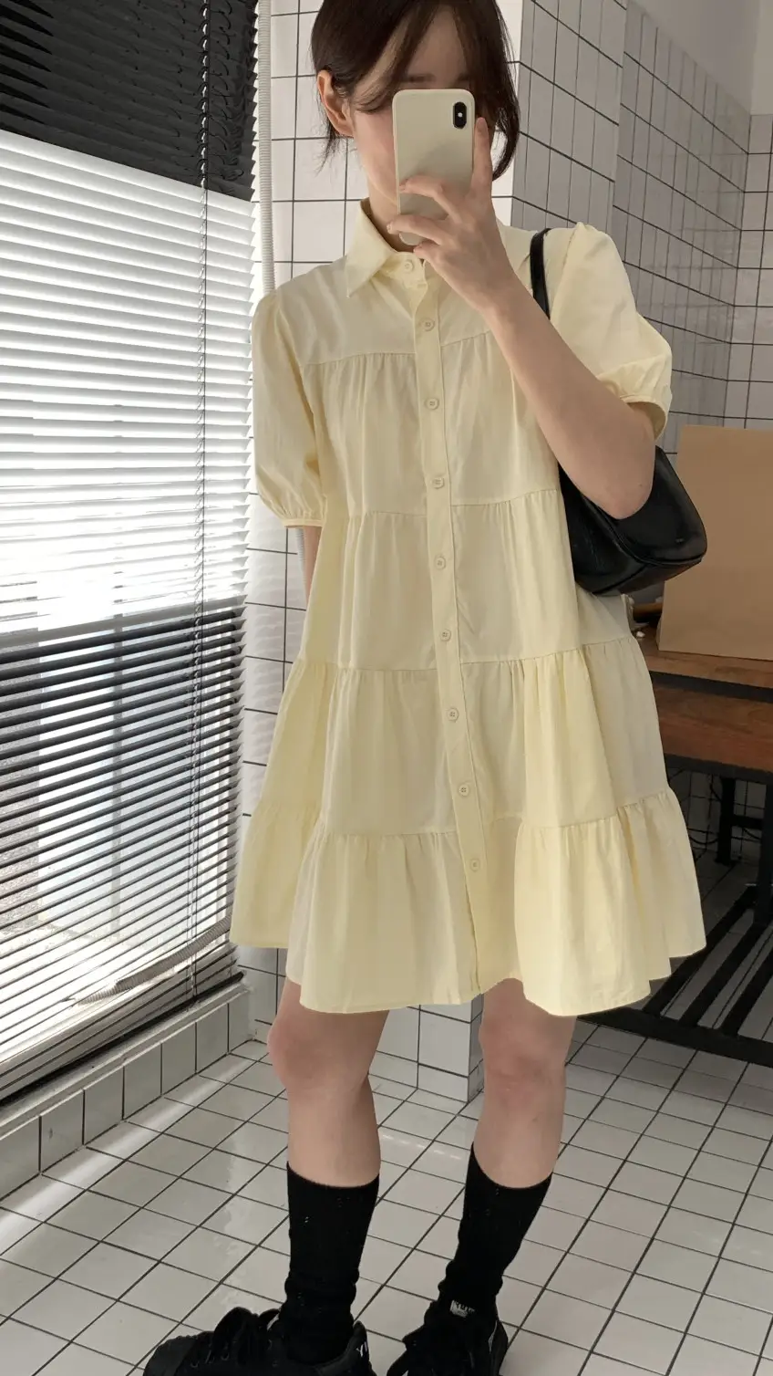 퍼프소매 폴로넥 단추 원피스 상세 이미지 19