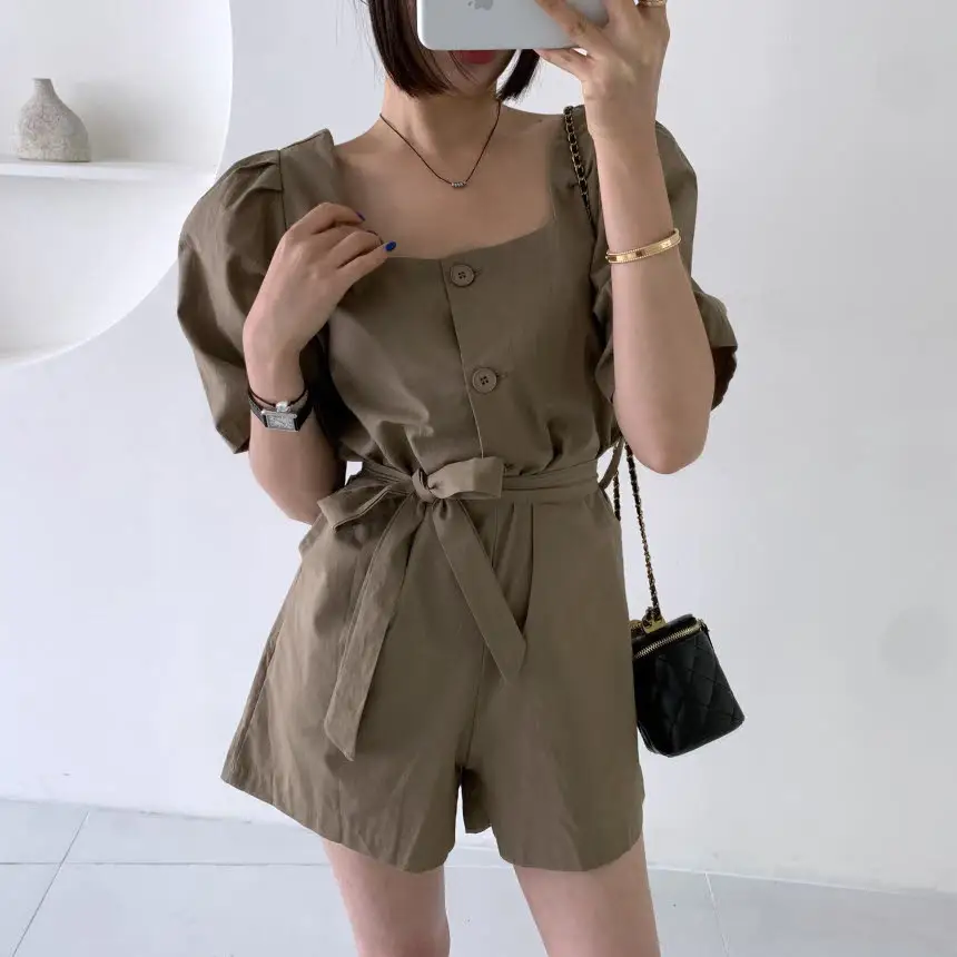 프렌치 스타일 사각 넥 퍼프소매 점프수트 상세 이미지 2
