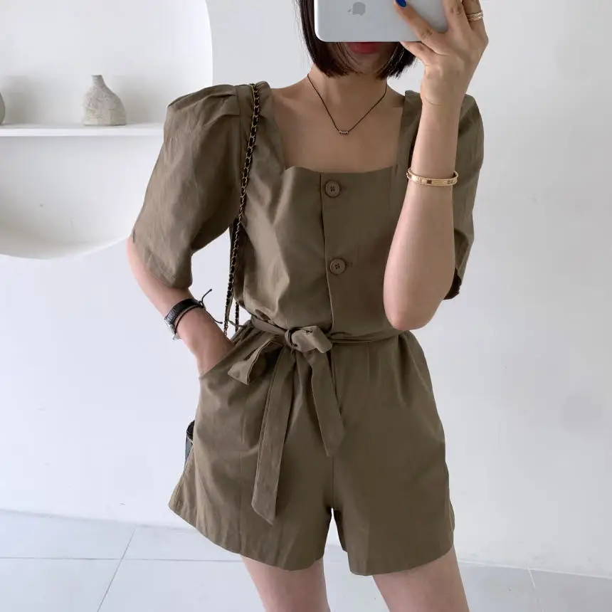 프렌치 스타일 사각 넥 퍼프소매 점프수트 상세 이미지 5