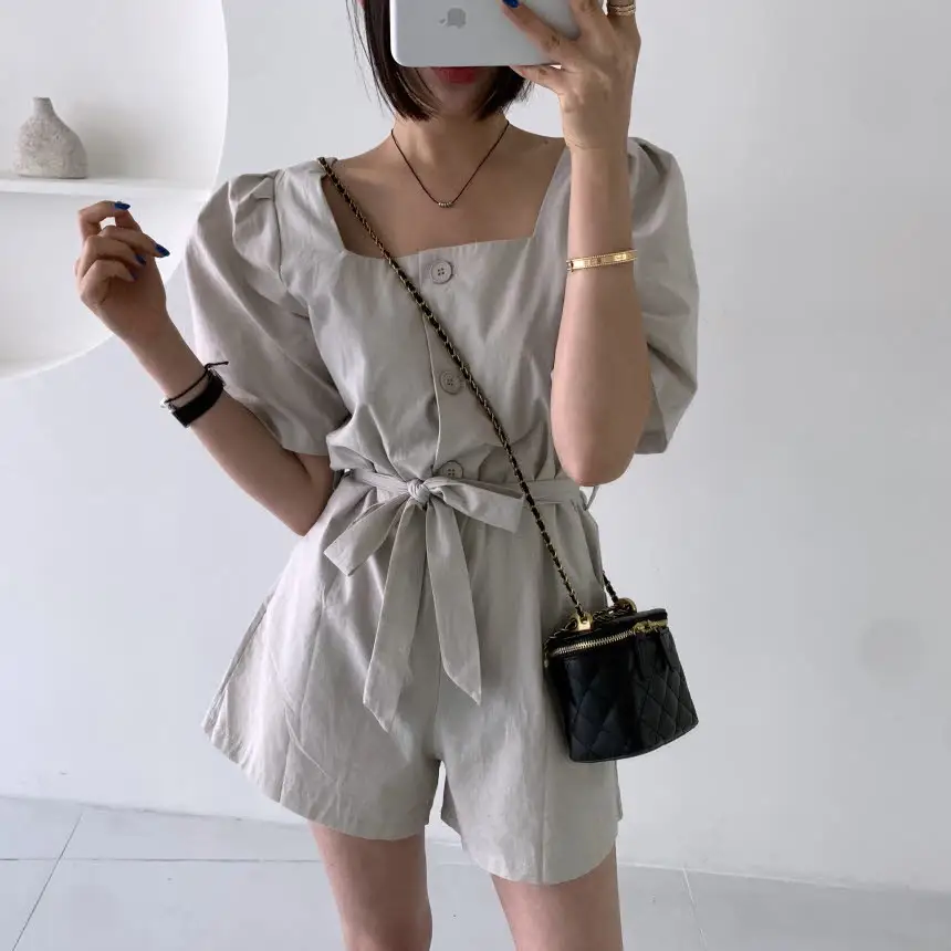프렌치 스타일 사각 넥 퍼프소매 점프수트 상세 이미지 9