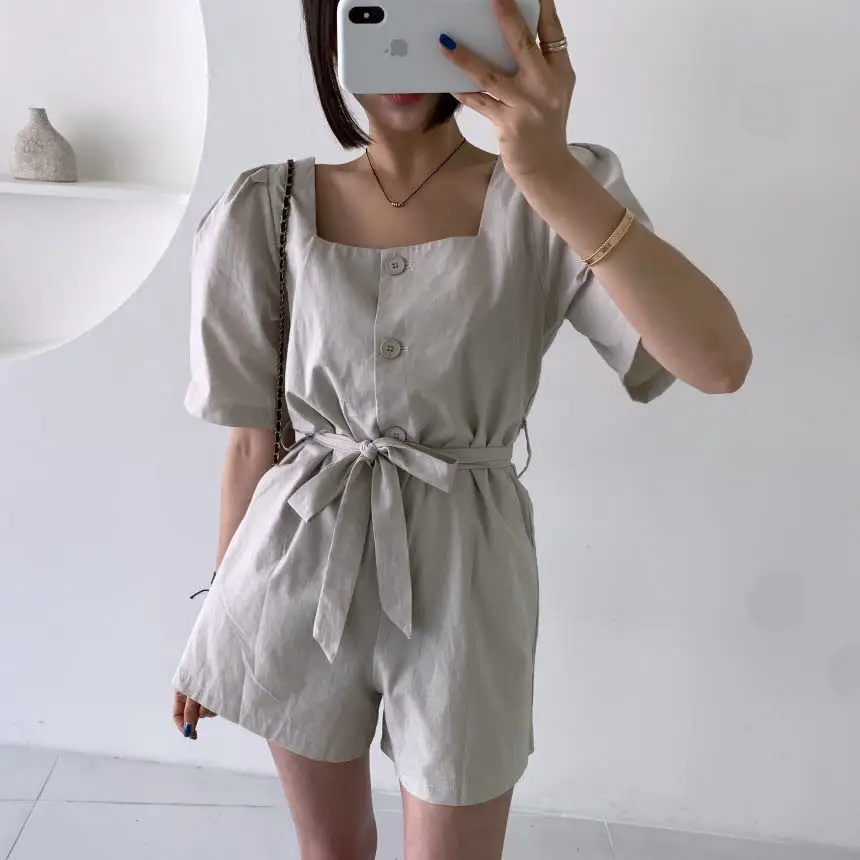 프렌치 스타일 사각 넥 퍼프소매 점프수트 상세 이미지 12