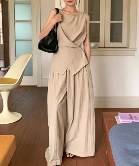 크기 있음 업데이트 한국 chic 느슨함 센스 민소매 불규칙 레이스업 맨위 넓은 다리 바닥 청소 바지