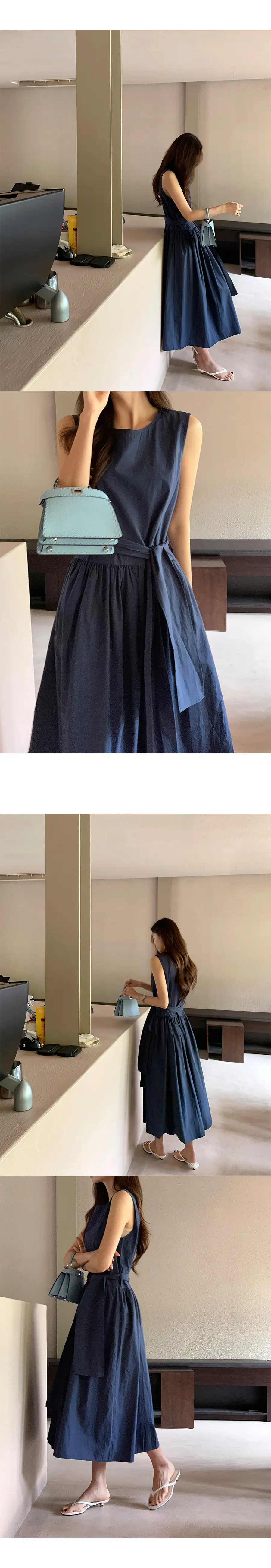 프랑스 레트로 라운드넥 끈 디테일 플레어 원피스 상세 이미지 2
