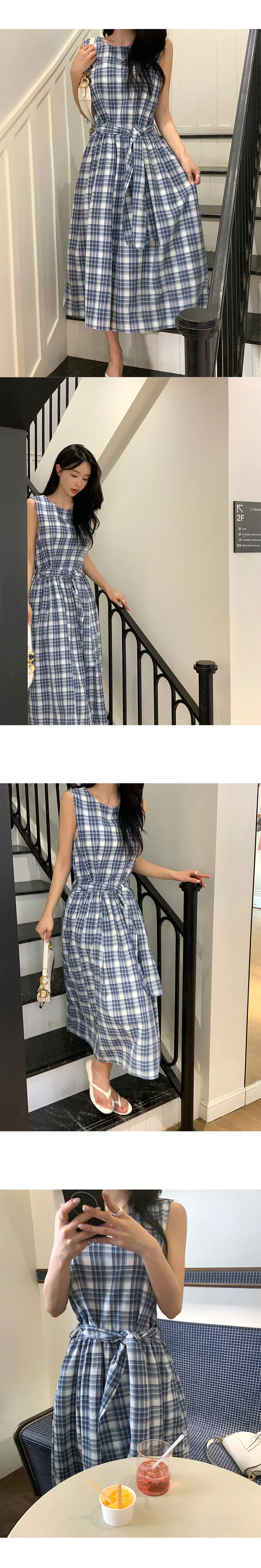 프랑스 레트로 라운드넥 끈 디테일 플레어 원피스 상세 이미지 5