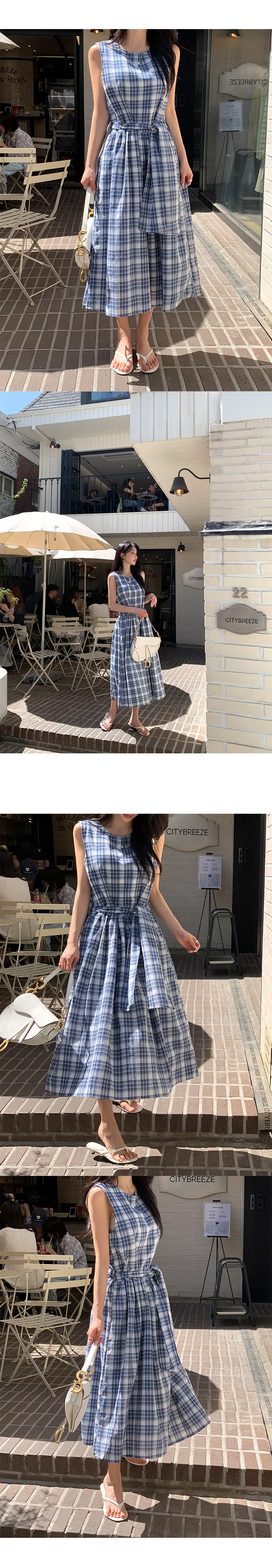 프랑스 레트로 라운드넥 끈 디테일 플레어 원피스 상세 이미지 6