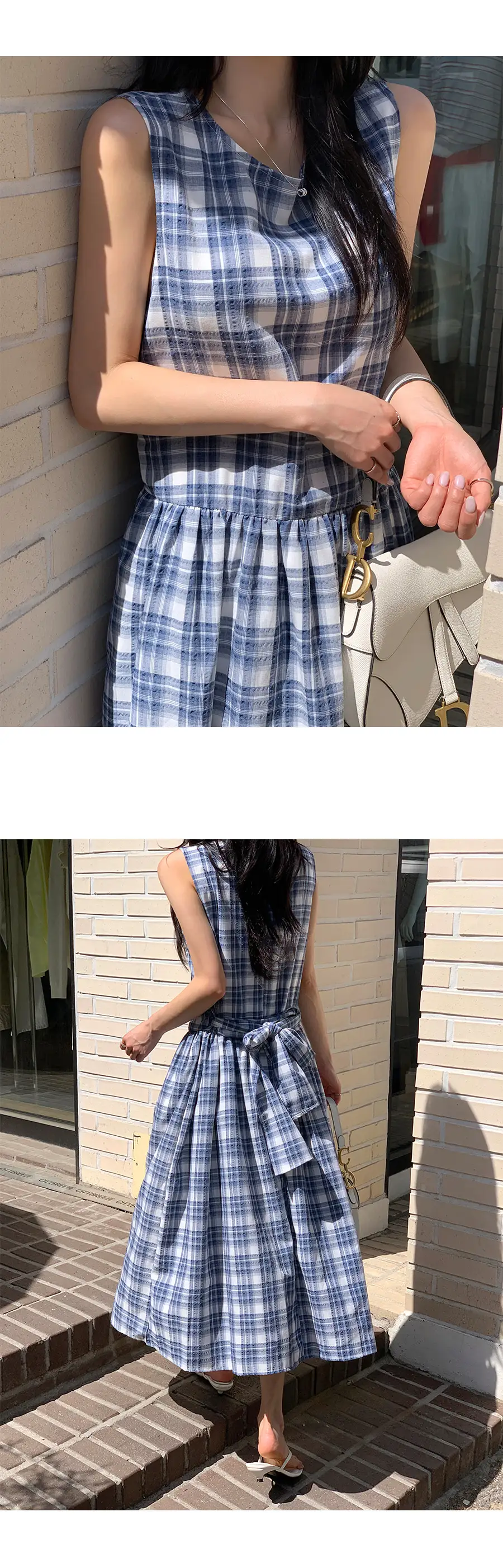 프랑스 레트로 라운드넥 끈 디테일 플레어 원피스 상세 이미지 7